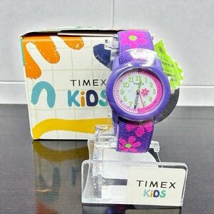 Timex Time Machine Kids Watch Purple Floral Elastic Fabric Easy Read Analog 29mm